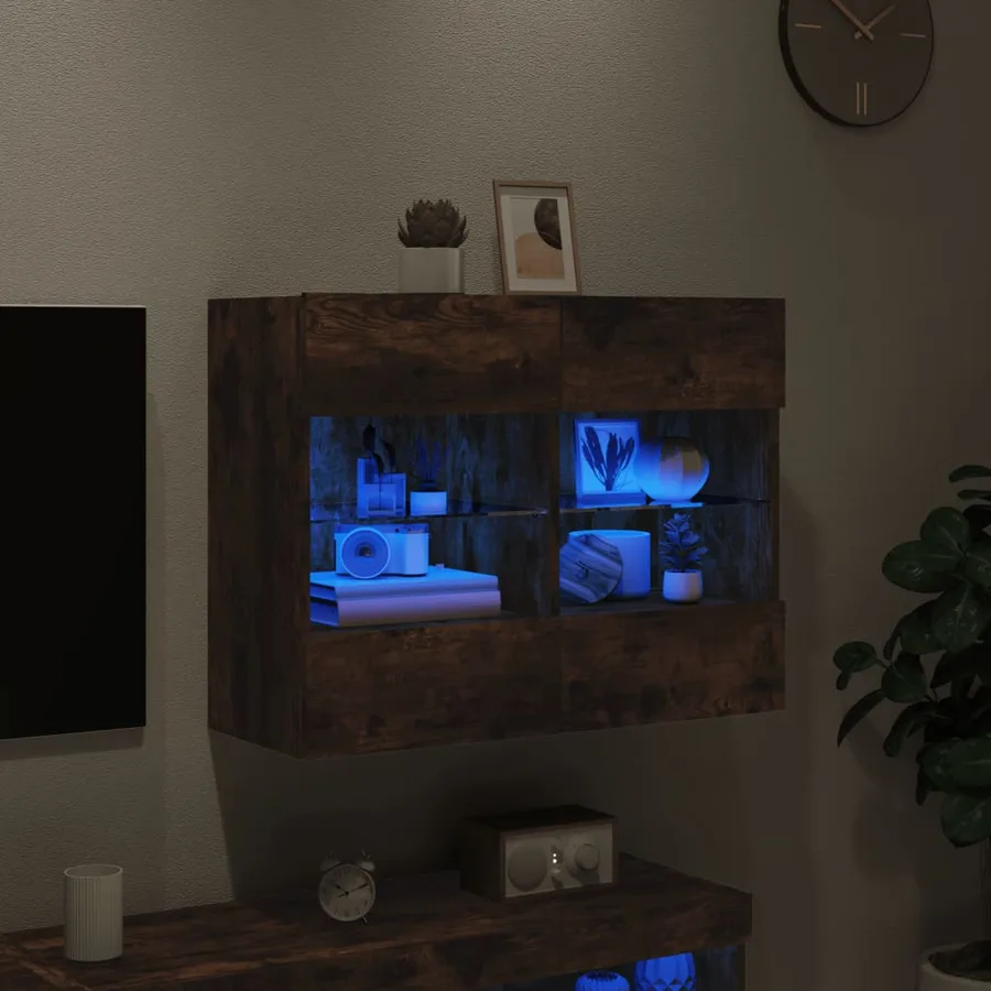 Meuble TV mural avec lumières LED chêne fumé 78,5x30x60,5 cm - 3