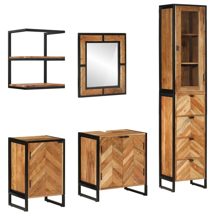 Ensemble de meubles salle de bain 5 pcs fer et bois d'acacia