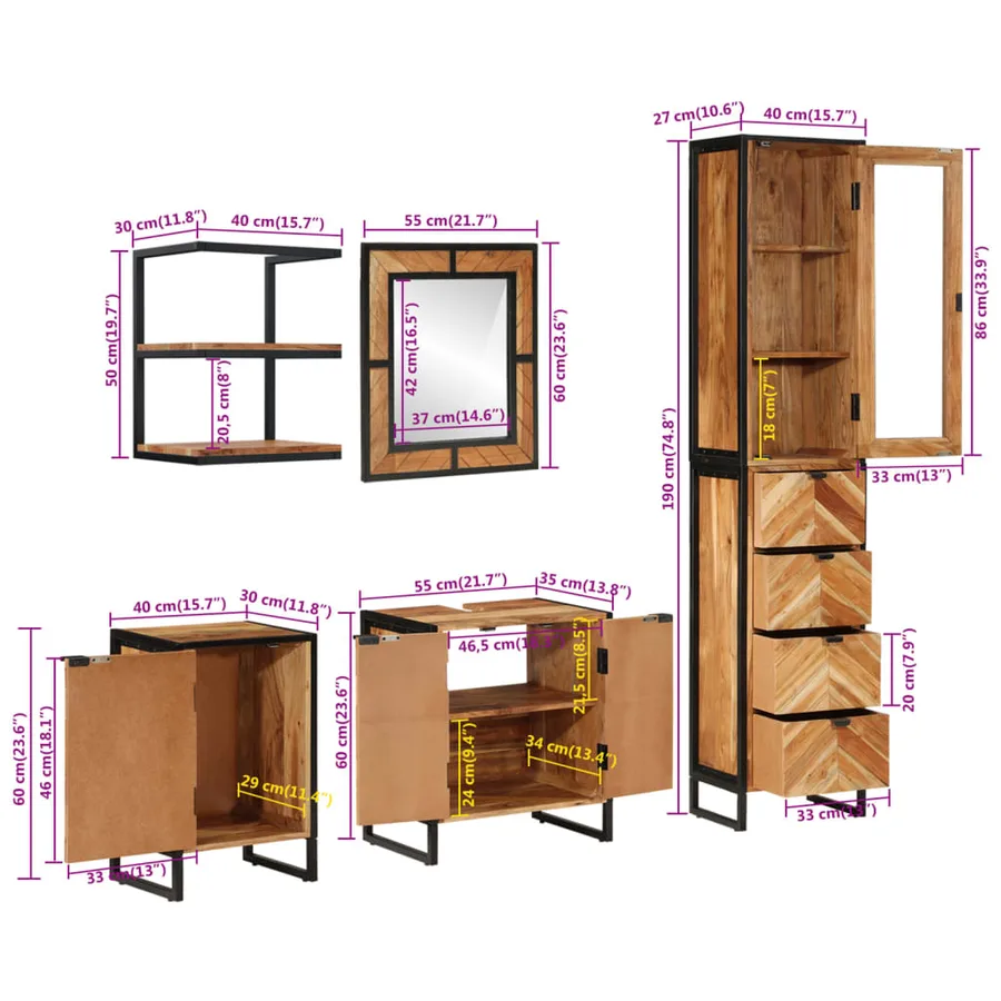 Ensemble de meubles salle de bain 5 pcs fer et bois d'acacia - 14