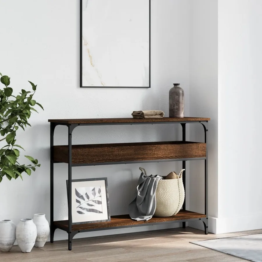 Table console avec étagère chêne marron 100x29x75 cm - 3