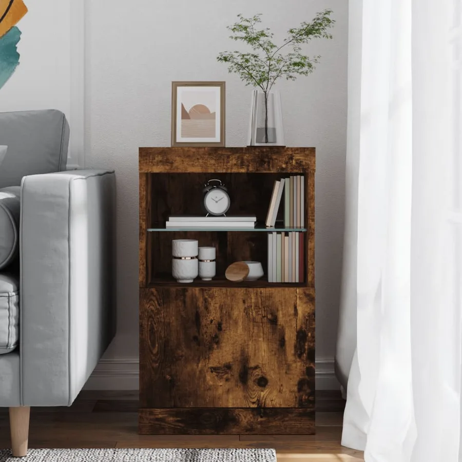Buffet avec lumières LED chêne fumé 41x37x67 cm - 4