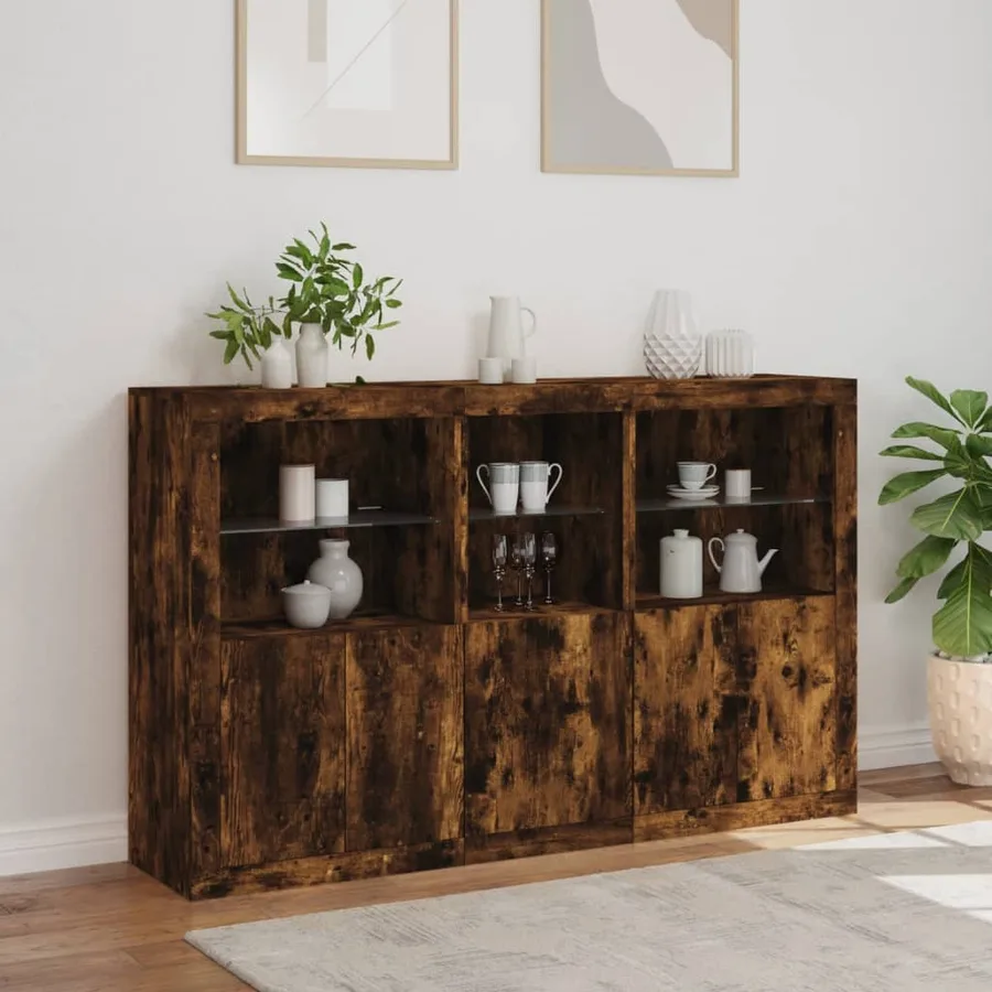 Buffet avec lumières LED chêne fumé 162x37x100 cm - 4