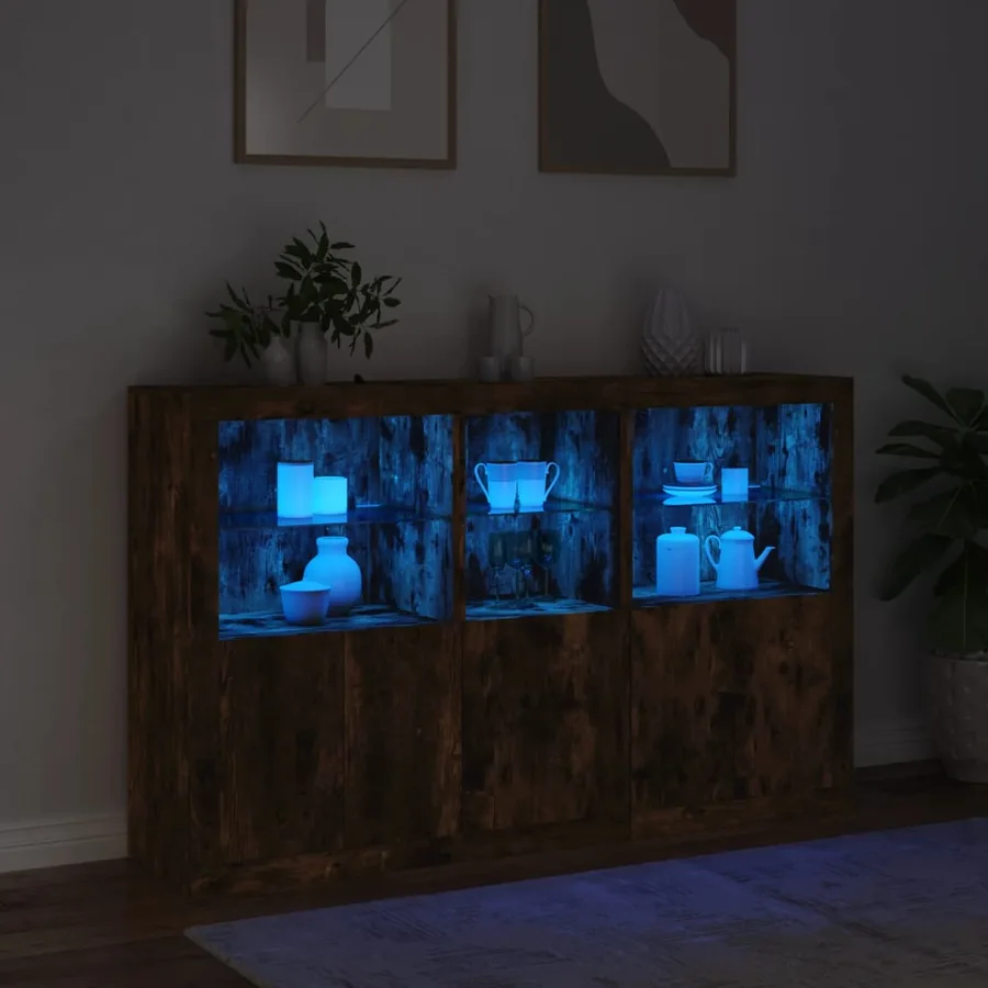 Buffet avec lumières LED chêne fumé 162x37x100 cm - 5