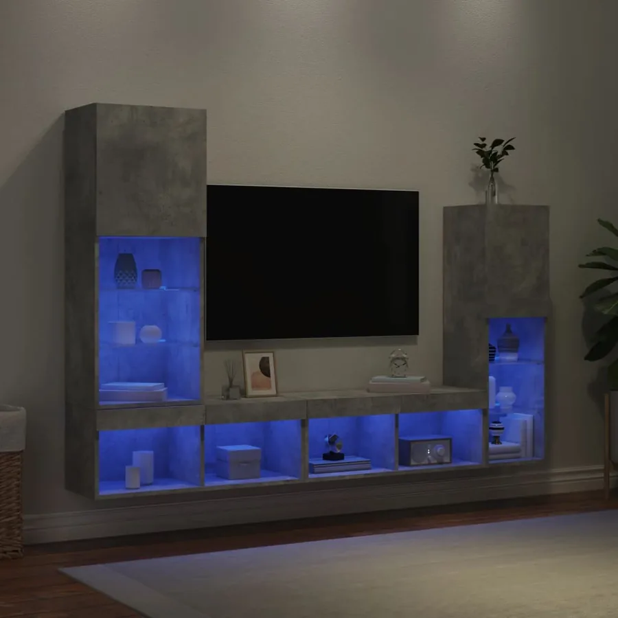 Unités murales TV avec LED 4 pcs gris béton bois d'ingénierie