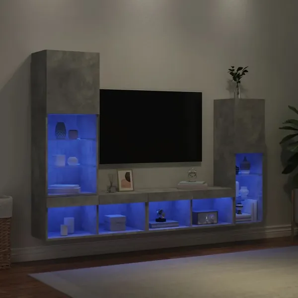Unités murales TV avec LED 4 pcs gris béton bois d'ingénierie