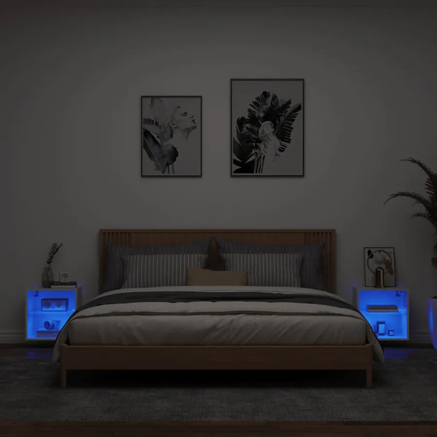 Tables de chevet murales avec lumières LED 2 pcs blanc - 4