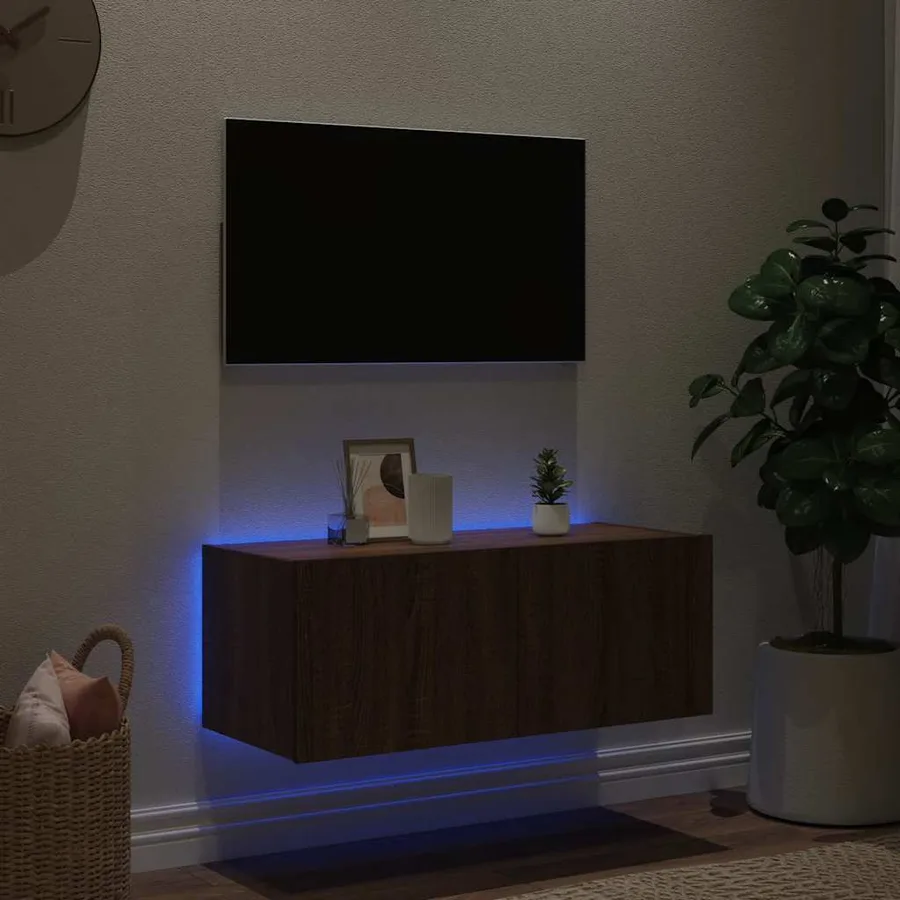 Meuble TV mural avec lumières LED chêne marron 80x35x31 cm - 3