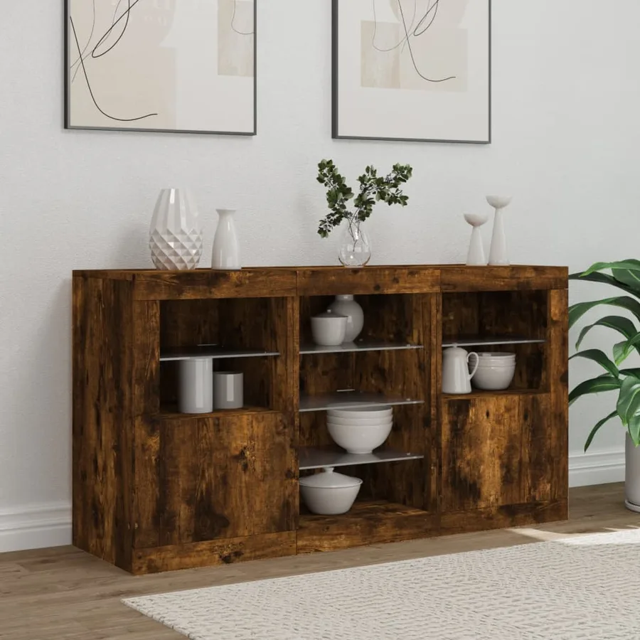 Buffet avec lumières LED chêne fumé 123x37x67 cm - 3