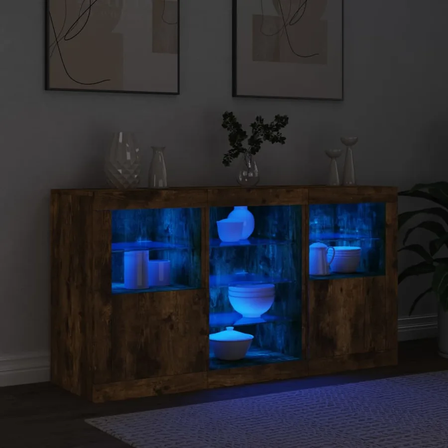 Buffet avec lumières LED chêne fumé 123x37x67 cm - 4
