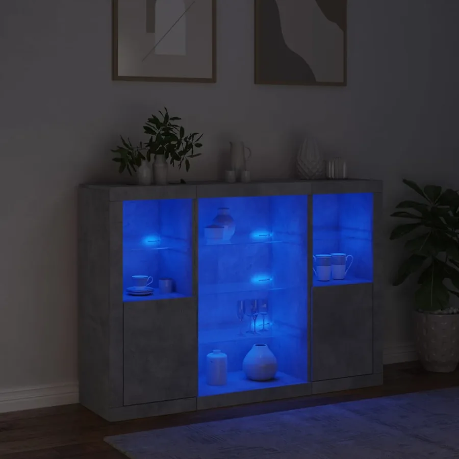 Buffets avec lumières LED 3 pcs gris béton bois d'ingénierie - 3