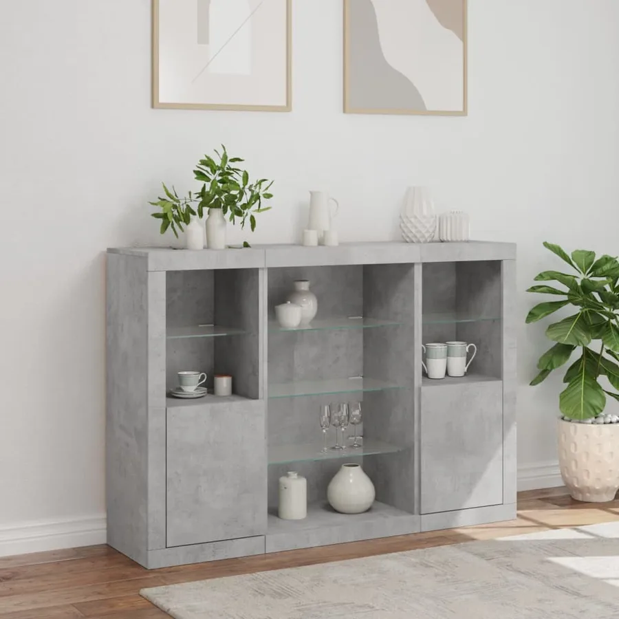 Buffets avec lumières LED 3 pcs gris béton bois d'ingénierie - 4