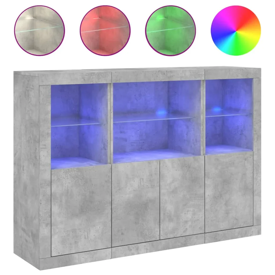 Buffets avec lumières LED 3 pcs gris béton bois d'ingénierie - 2