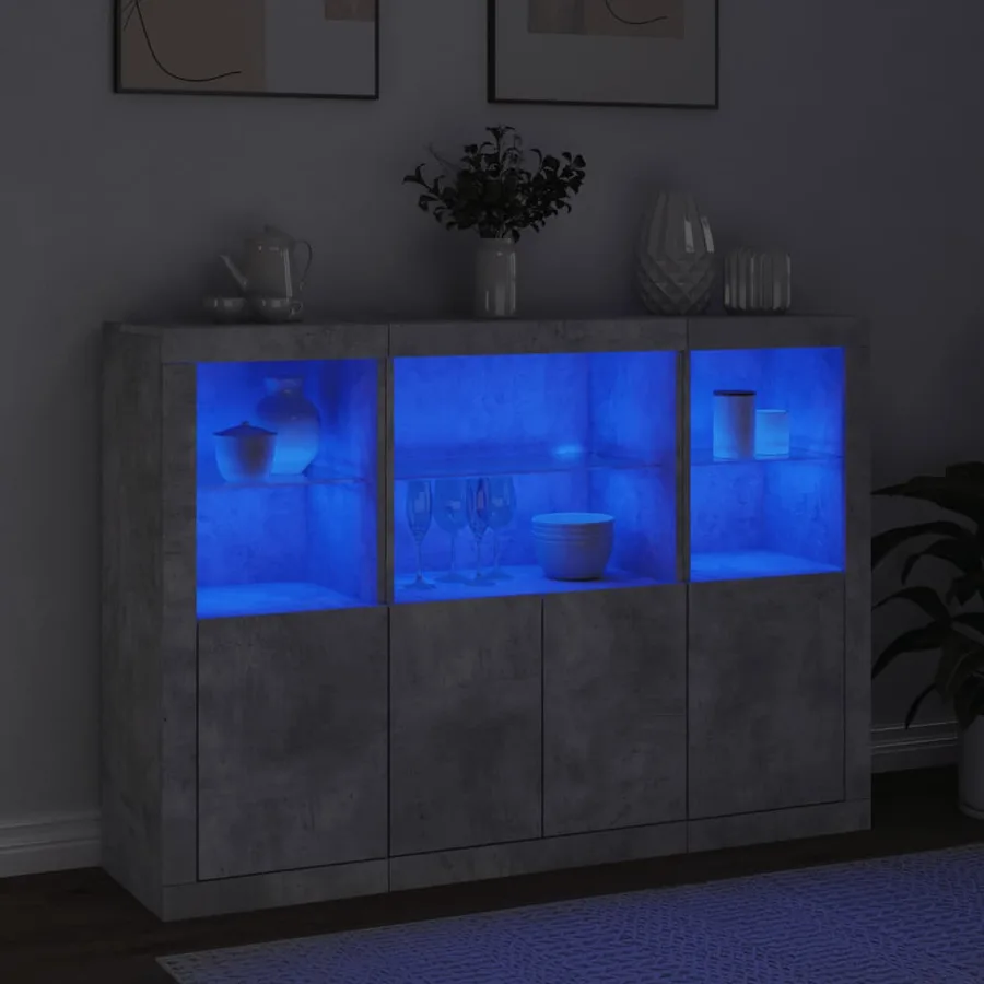 Buffets avec lumières LED 3 pcs gris béton bois d'ingénierie - 3
