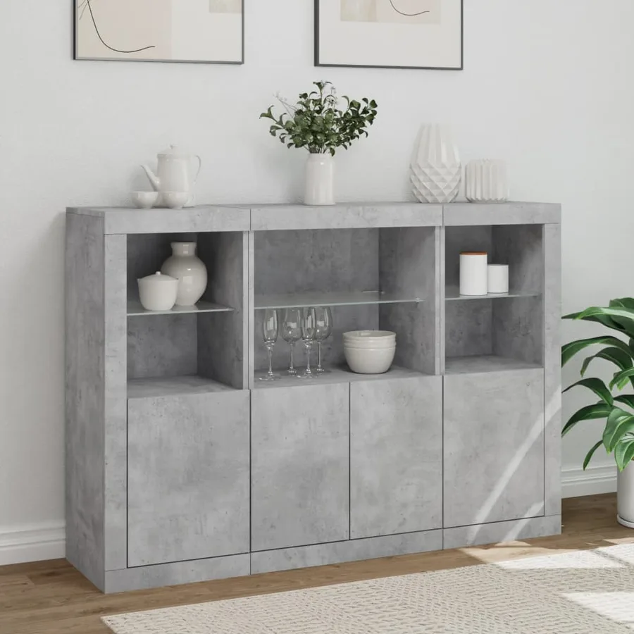 Buffets avec lumières LED 3 pcs gris béton bois d'ingénierie - 4