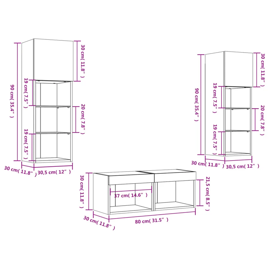 Meuble TV muraux 4 pcs avec lumières LED gris béton - 18