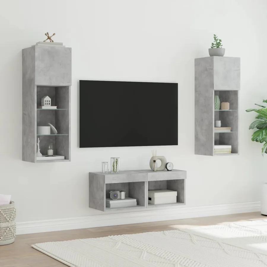 Meuble TV muraux 4 pcs avec lumières LED gris béton - 4