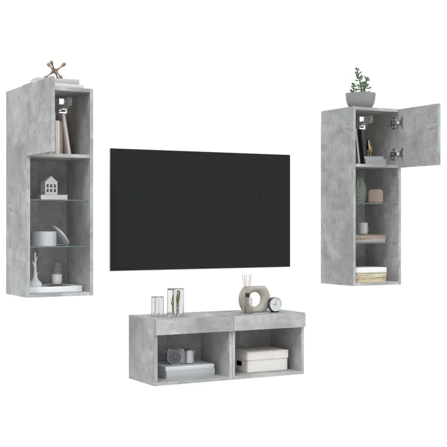 Meuble TV muraux 4 pcs avec lumières LED gris béton - 5