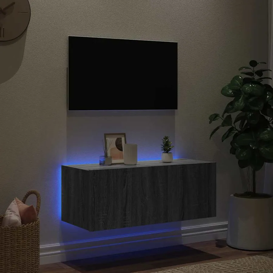 Meuble TV mural avec lumières LED sonoma gris 80x35x31 cm - 3