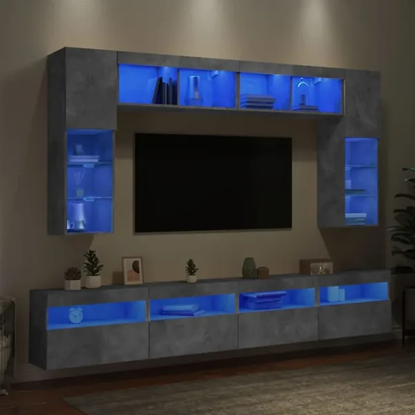 Ensemble de meubles TV muraux 8 pcs et lumières LED gris béton