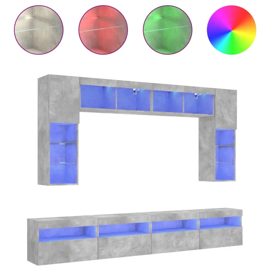 Ensemble de meubles TV muraux 8 pcs et lumières LED gris béton - 2
