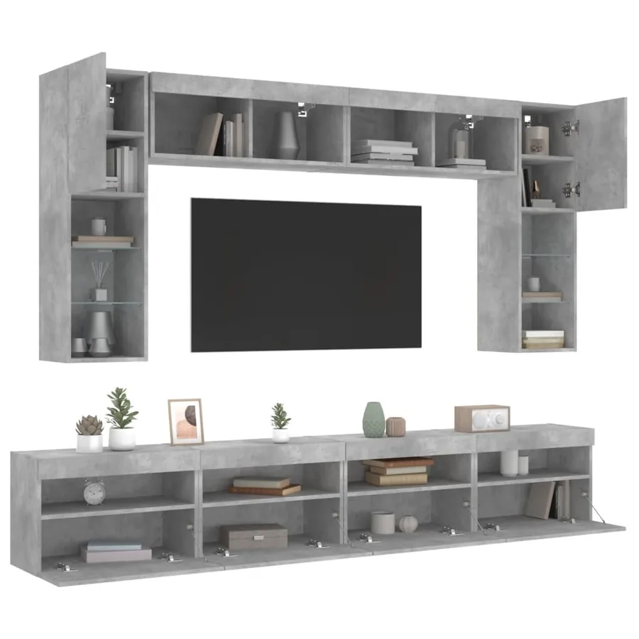 Ensemble de meubles TV muraux 8 pcs et lumières LED gris béton - 5