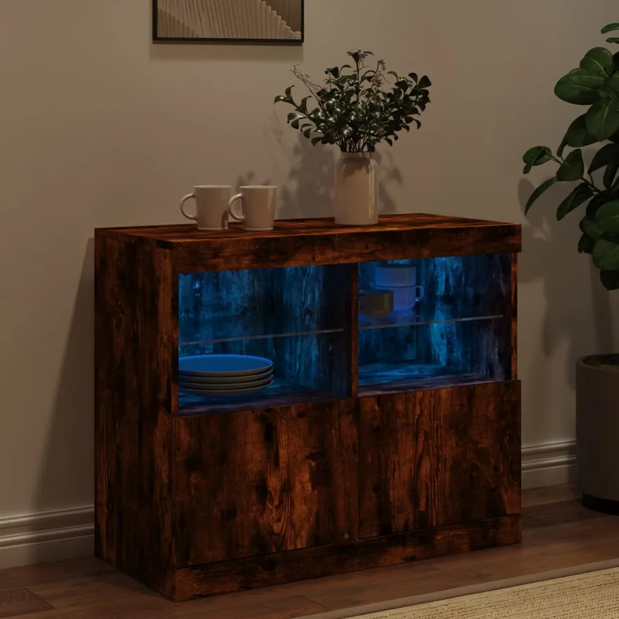 Buffet avec lumières LED chêne fumé 81x37x67 cm - 4
