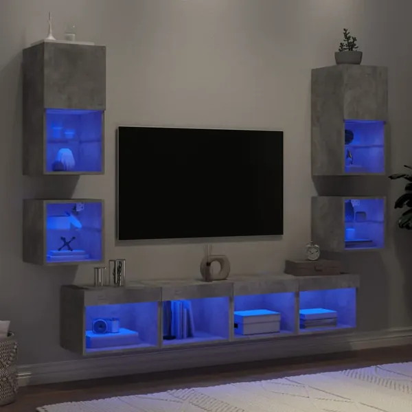 Unités murales TV avec LED 8 pcs gris béton bois d'ingénierie