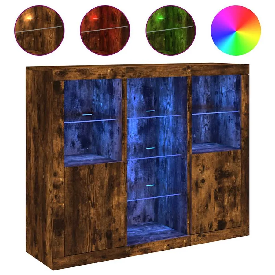 Buffets avec lumières LED 3 pcs chêne fumé bois d'ingénierie - 2