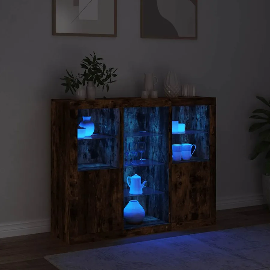 Buffets avec lumières LED 3 pcs chêne fumé bois d'ingénierie - 3