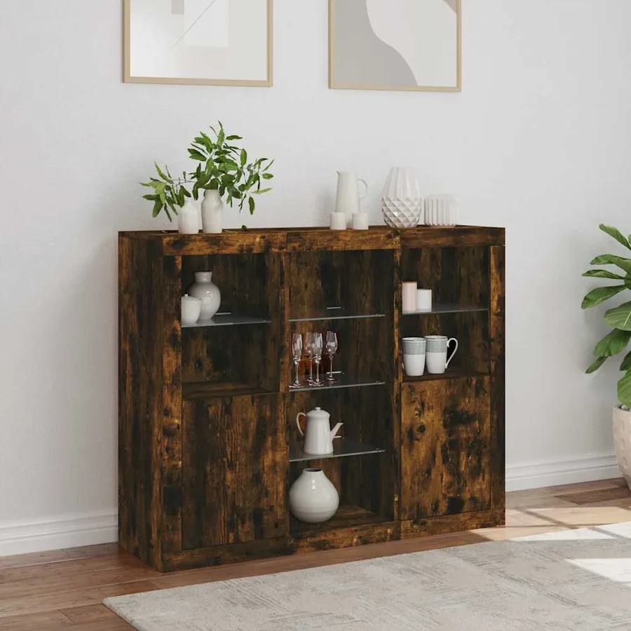 Buffets avec lumières LED 3 pcs chêne fumé bois d'ingénierie - 4