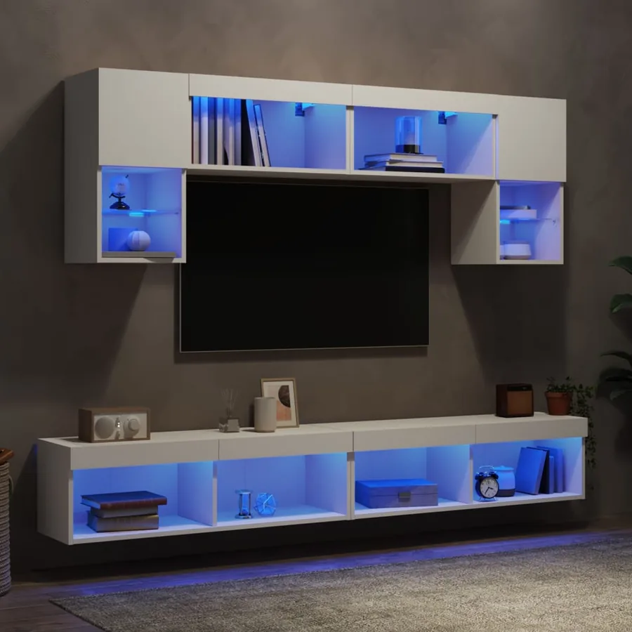 Unités murales TV avec LED 6 pcs blanc bois d'ingénierie