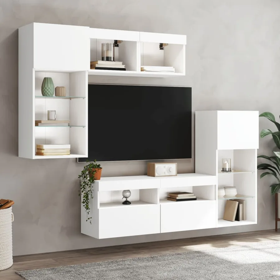 Unités murales TV avec LED 5 pcs blanc bois d'ingénierie - 3