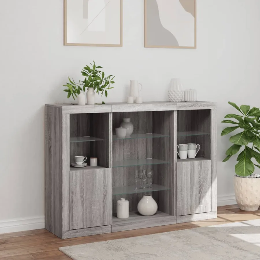 Buffets avec lumières LED 3 pcs sonoma gris bois d'ingénierie - 4