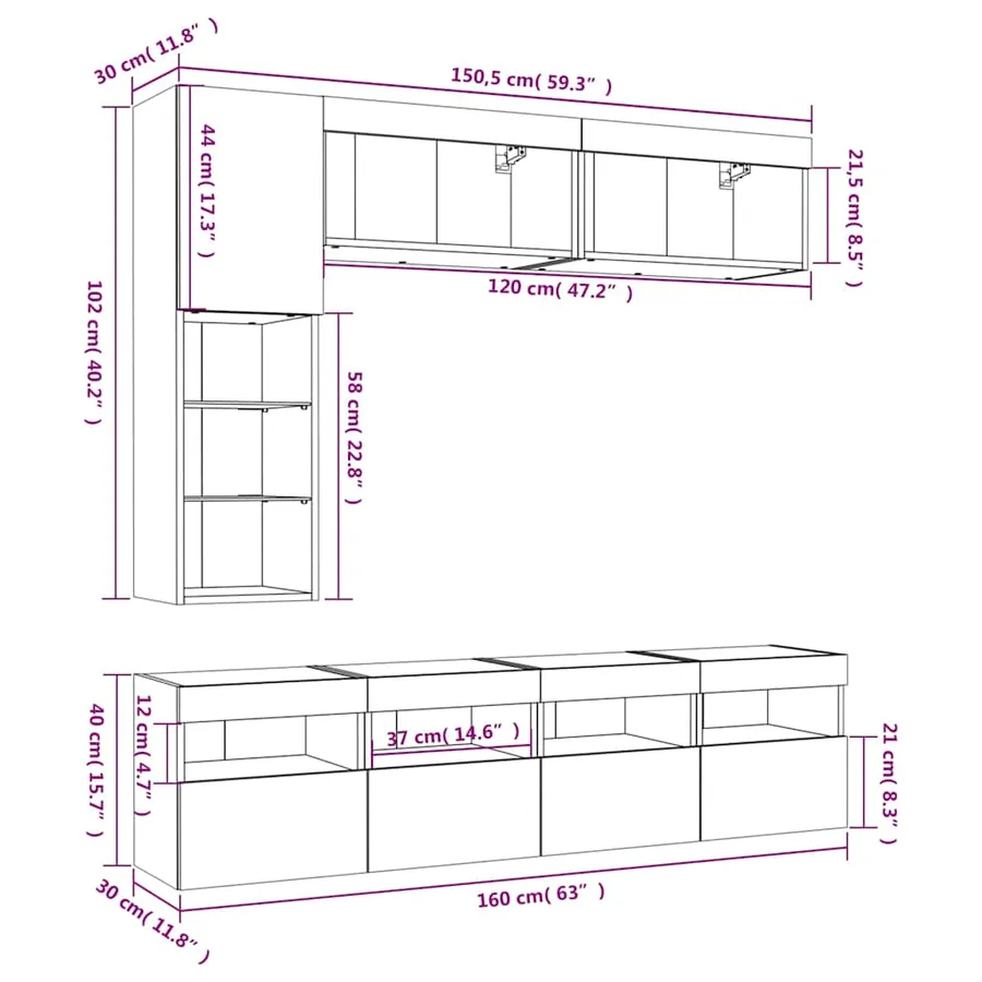Ensemble de meubles TV muraux 7pcs et lumières LED chêne sonoma - 20