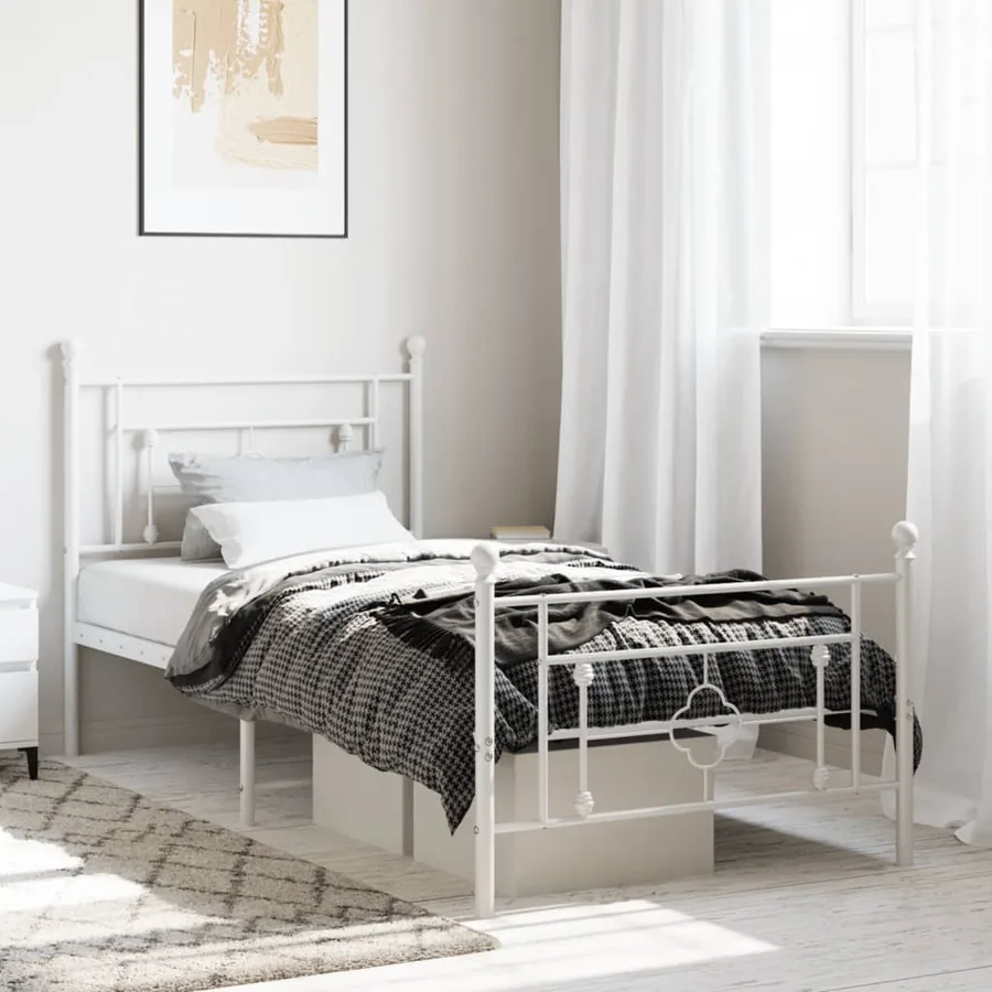 Cadre de lit métal sans matelas et pied de lit blanc 100x190 cm