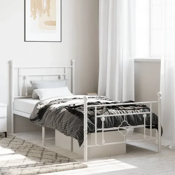 Cadre de lit métal sans matelas et pied de lit blanc 100x190 cm