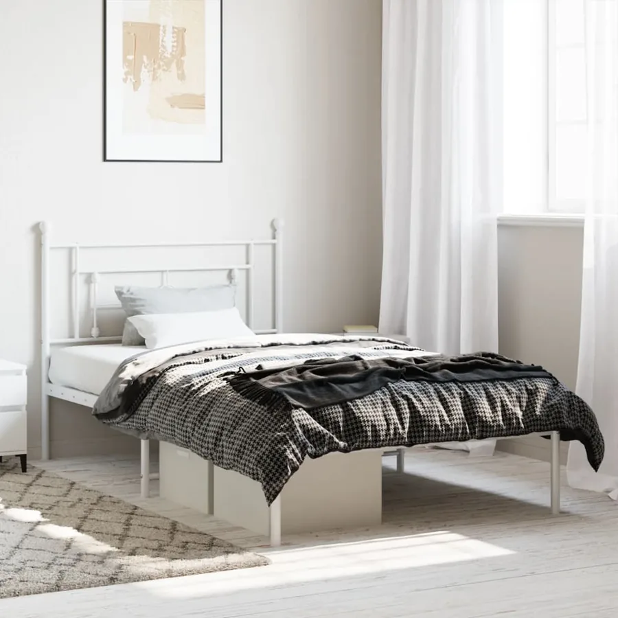 Cadre de lit métal sans matelas et tête de lit blanc 107x203 cm