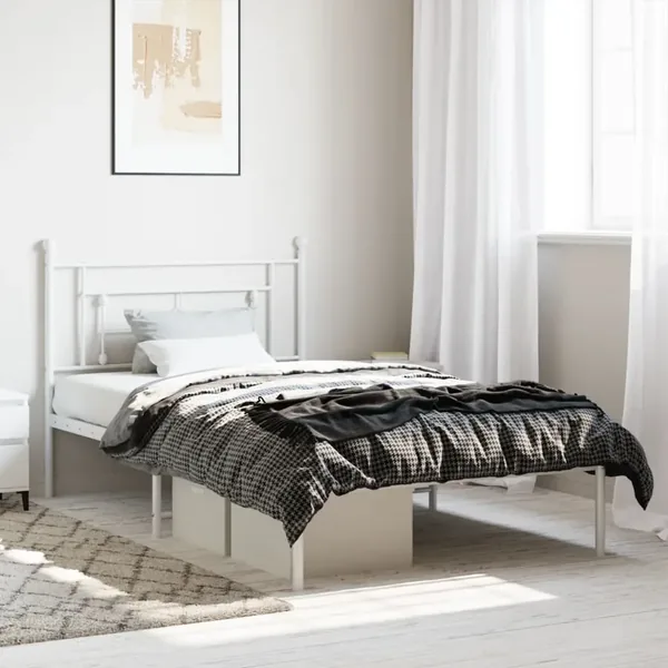 Cadre de lit métal sans matelas et tête de lit blanc 107x203 cm