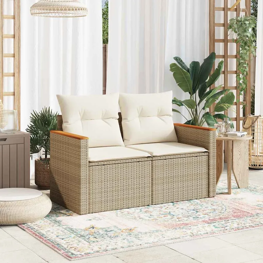 Canapé de jardin avec coussins 2 places beige résine tressée - 3