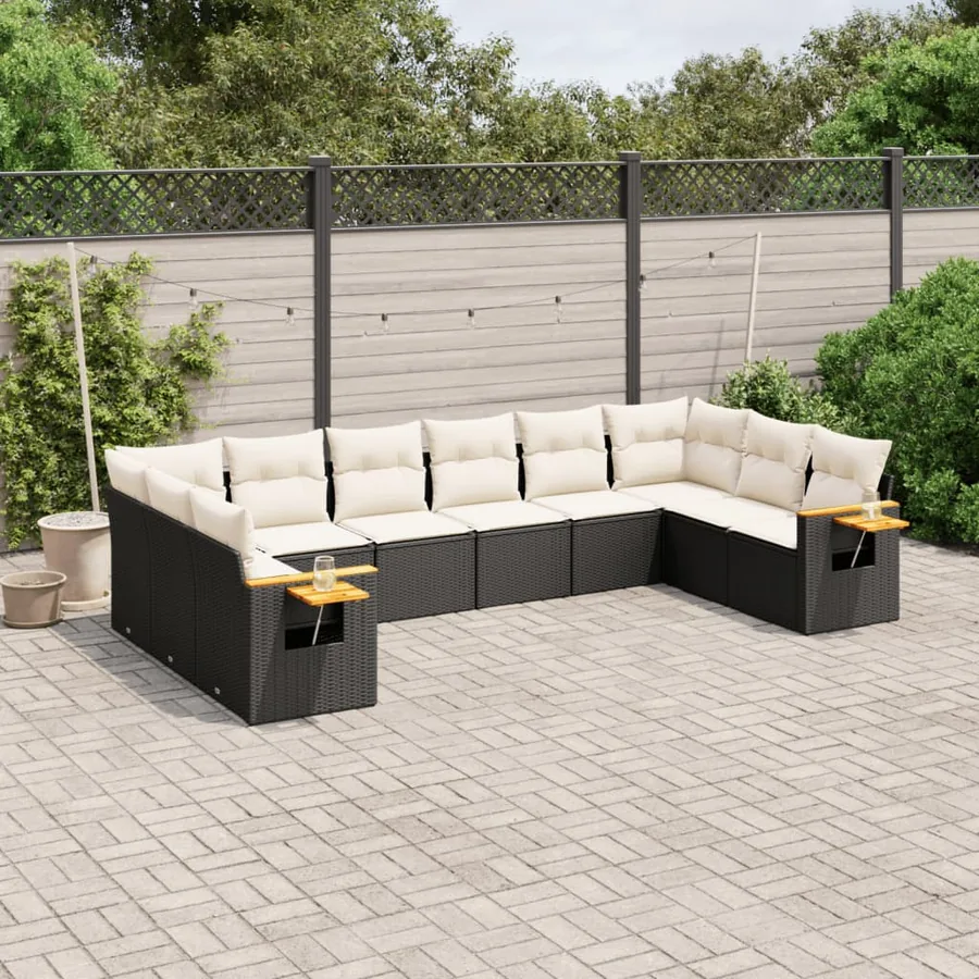 Salon de jardin 10 pcs avec coussins noir résine tressée