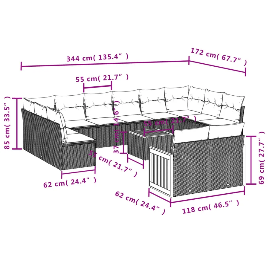 Salon de jardin avec coussins 13 pcs noir résine tressée - 8