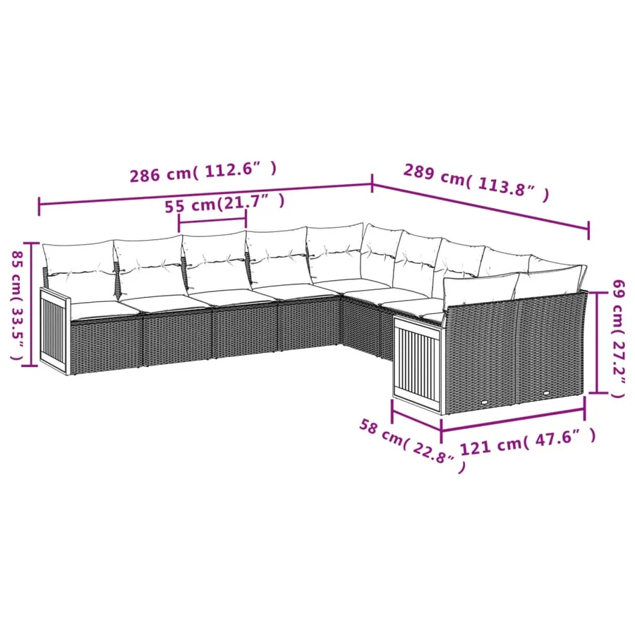 Salon de jardin 10 pcs avec coussins noir résine tressée - 7
