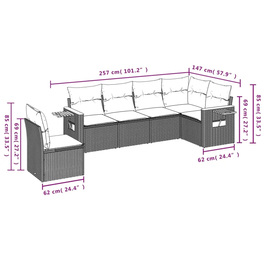 Salon de jardin 6 pcs avec coussins noir résine tressée - 8