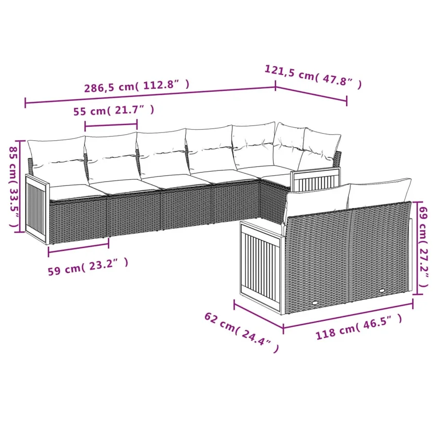 Salon de jardin 8 pcs avec coussins noir résine tressée - 7