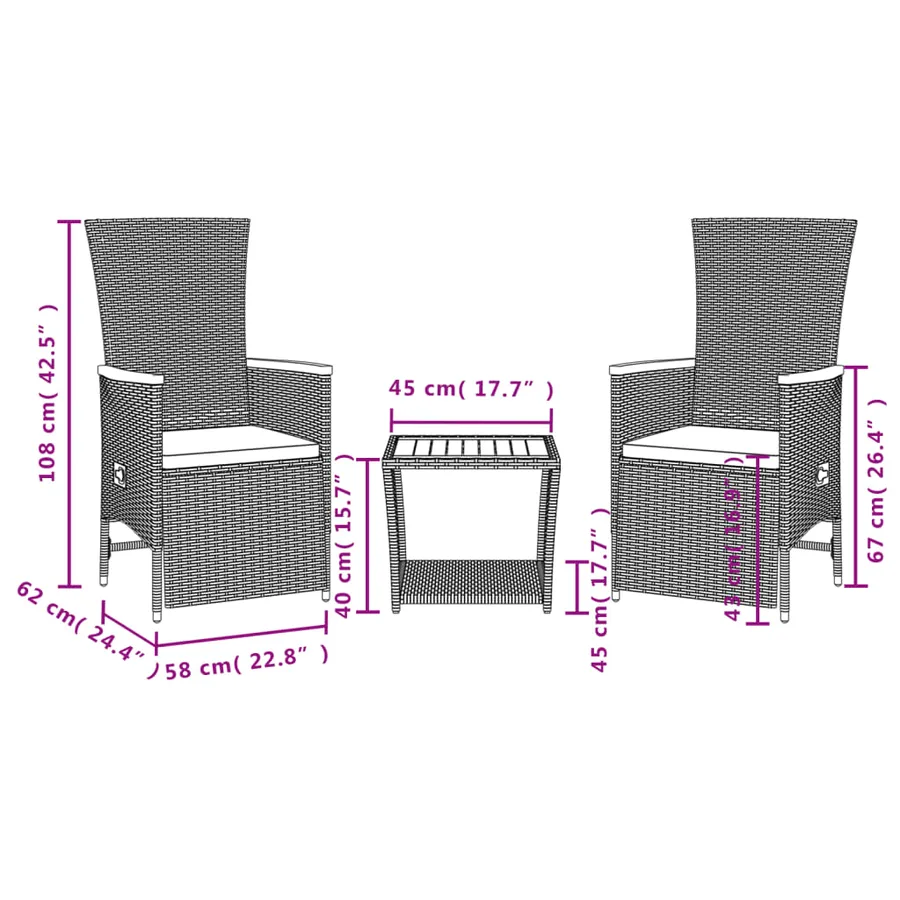 Ensemble à manger de jardin avec coussins 3 pcs Noir - 5