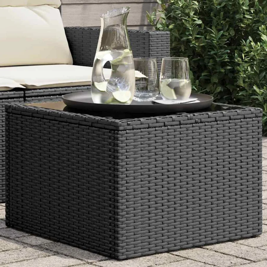 Table de jardin avec plateau en verre noir 55 x 55 x 37 cm en résine tressée