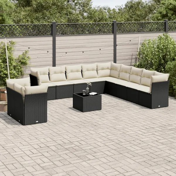 Salon de jardin 12 pcs avec coussins noir résine tressée