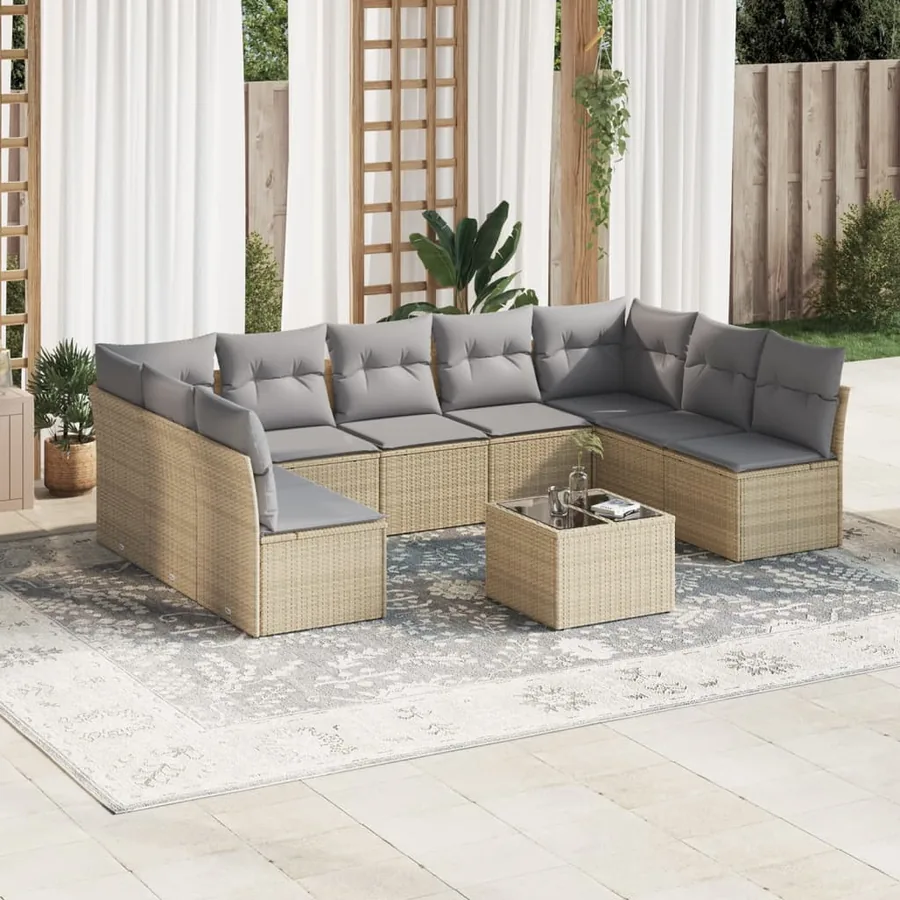 Salon de jardin avec coussins 10 pcs beige résine tressée