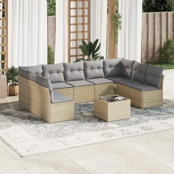 Salon de jardin avec coussins 10 pcs beige résine tressée