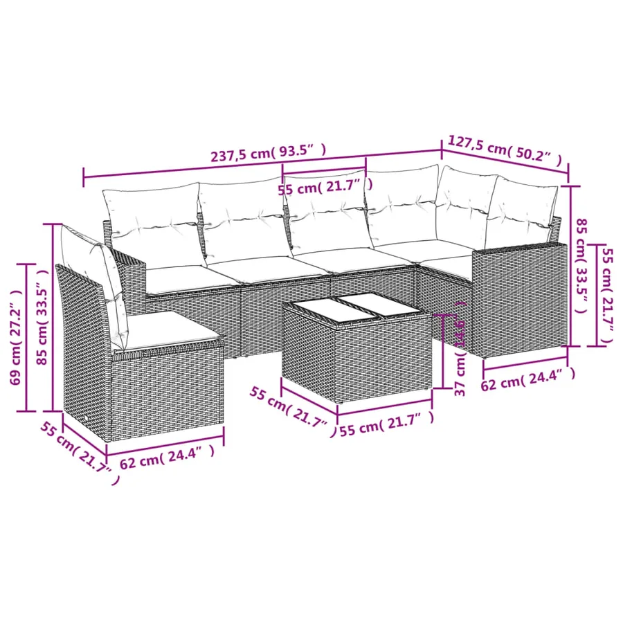 Salon de jardin avec coussins 7 pcs beige résine tressée - 3
